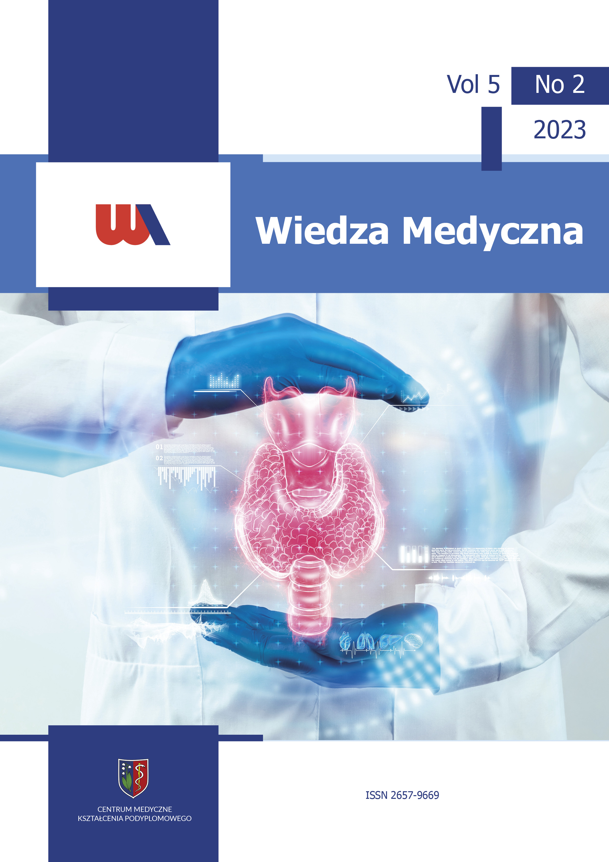 Cover of Wiedzy Medyczna volume 5, number 2. Virtual image of the thyroid gland between doctors' hands.