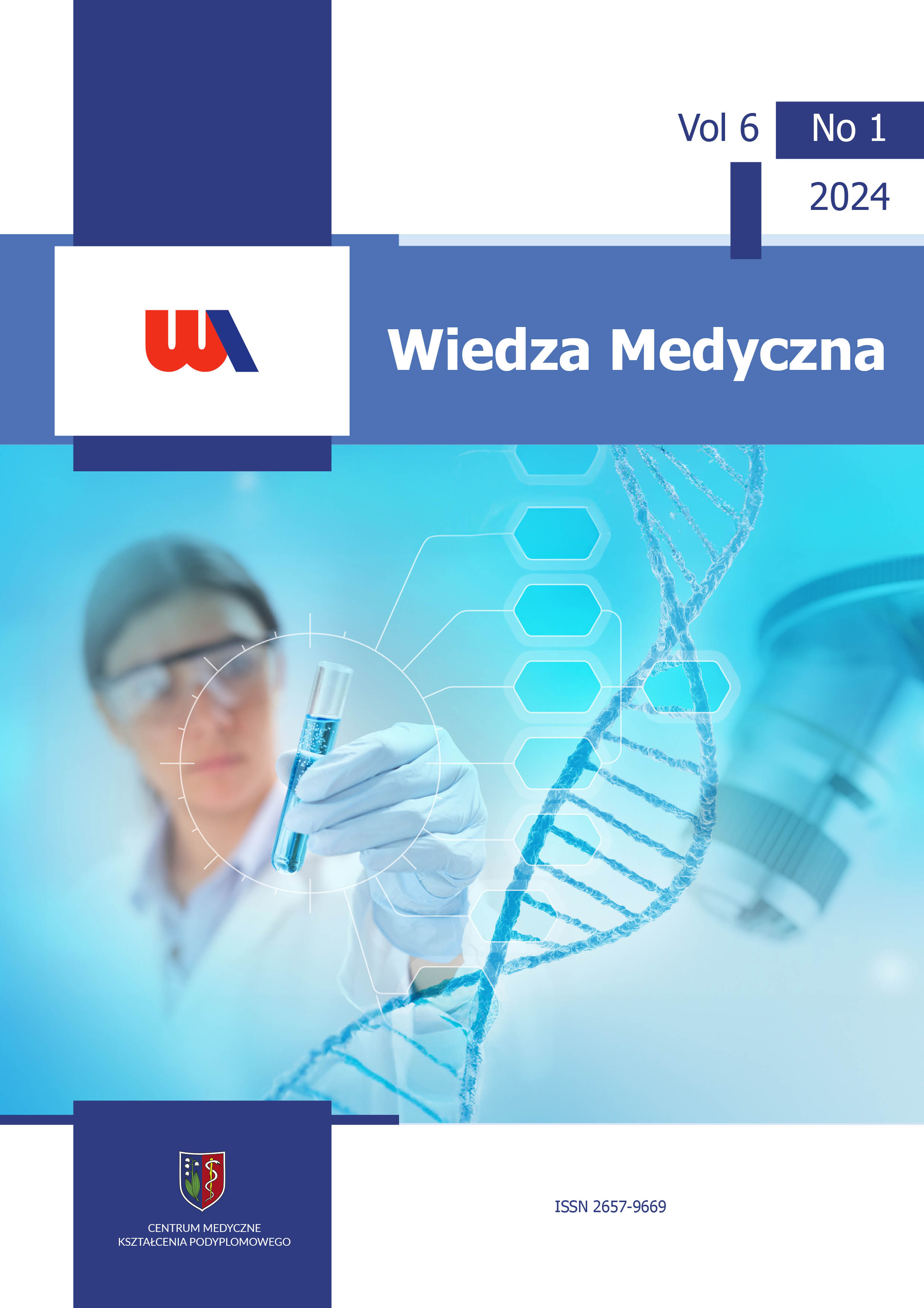 Cover of Wiedza Medyczna volume 6, no. 1. A young scientist working in a research laboratory.